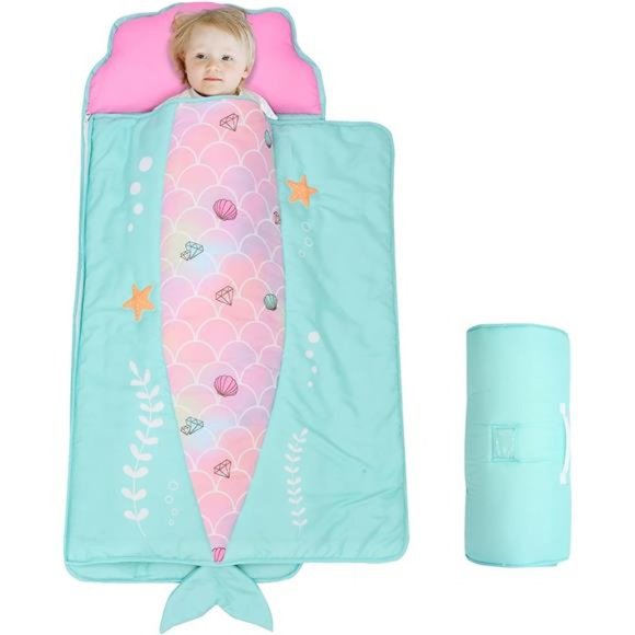 Toddler Nap Mat with Removable Pillow and Blanket - Pink Mermaids 48 x 20 - Picture 1 of 7
